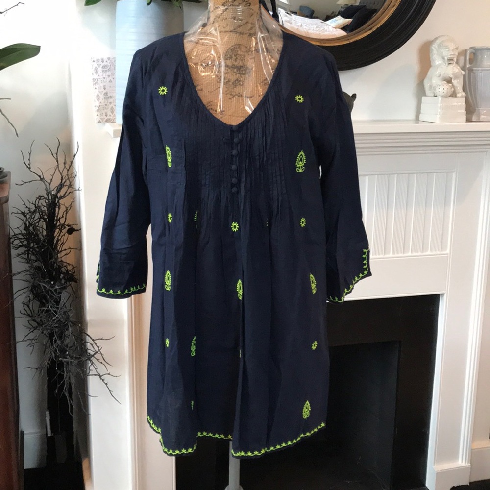 Kalypso Navy & Green Linen Tunic Top L